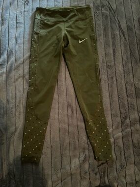 Nike Olive Green Leggings with Reflective Dot Accents